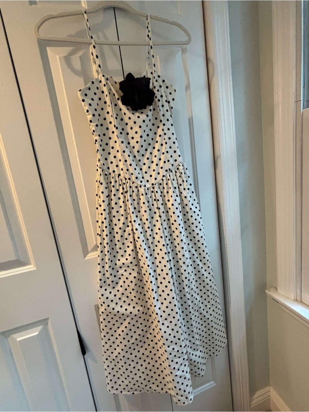 Cream Polka Dot Midi Dress with Black Floral Accent (can wear in hair)